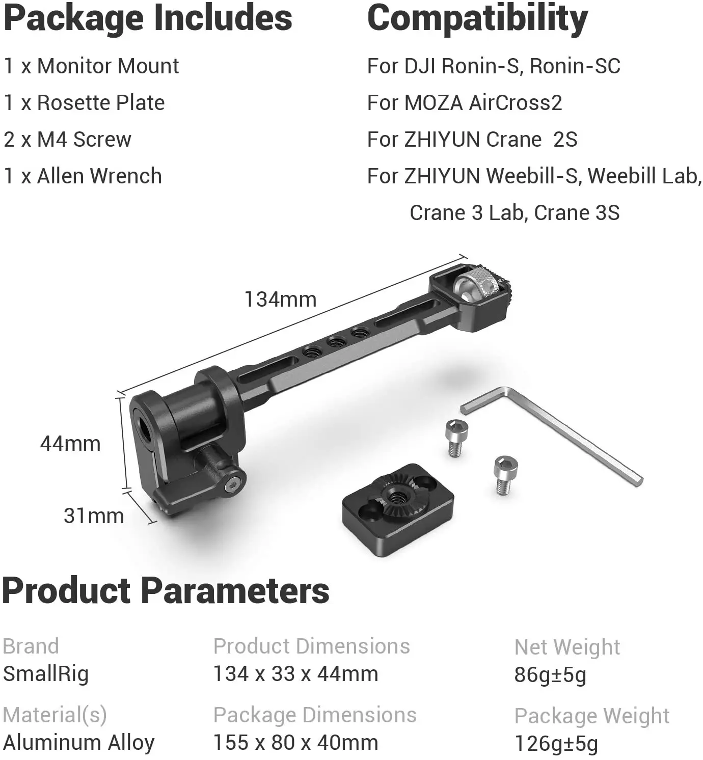 SmallRig Adjustable Monitor Mount for DJI RS / RSC/RS 2 /For ZHIYUN CRANE 3/CRANE 3S/ WEEBILL-S For MOZA AirCross 2 Gimbals 2889