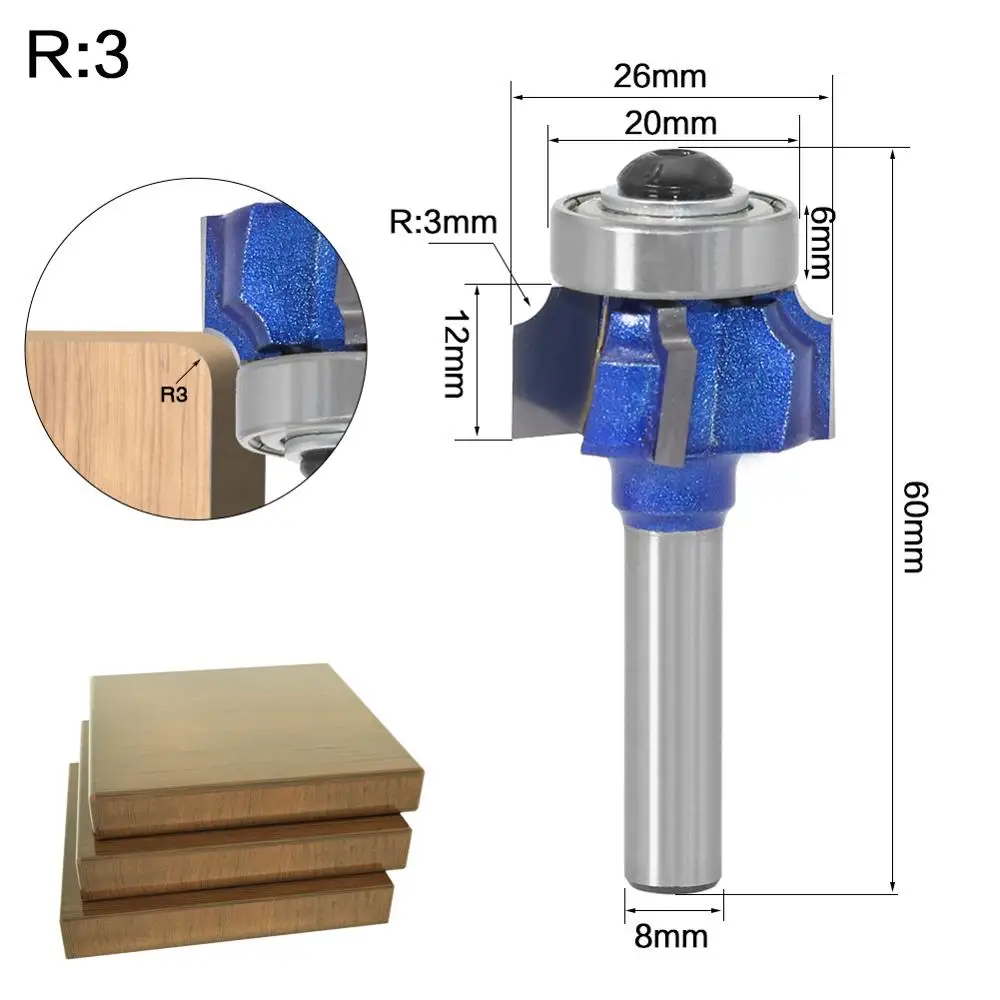 8mm Shank high quality Woodworking Milling Cutter R1mm R2mm R3mm Trimming Knife Edge Trimmer 4 Teeth Wood Router Bit