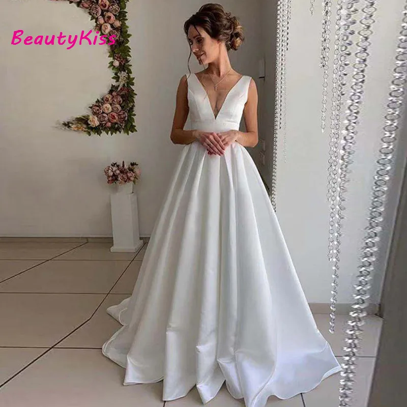 Robe de Mariée en Satin Simple, Col en V, Dos aux, Sexy, Blanc Ivoire, Patients, Peu importe pour Femme