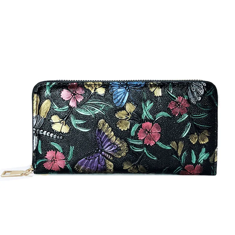 women's wallet Retro knurling Rose flower pattern long leather female wallet designer purse wristlet women phone bag sac femme