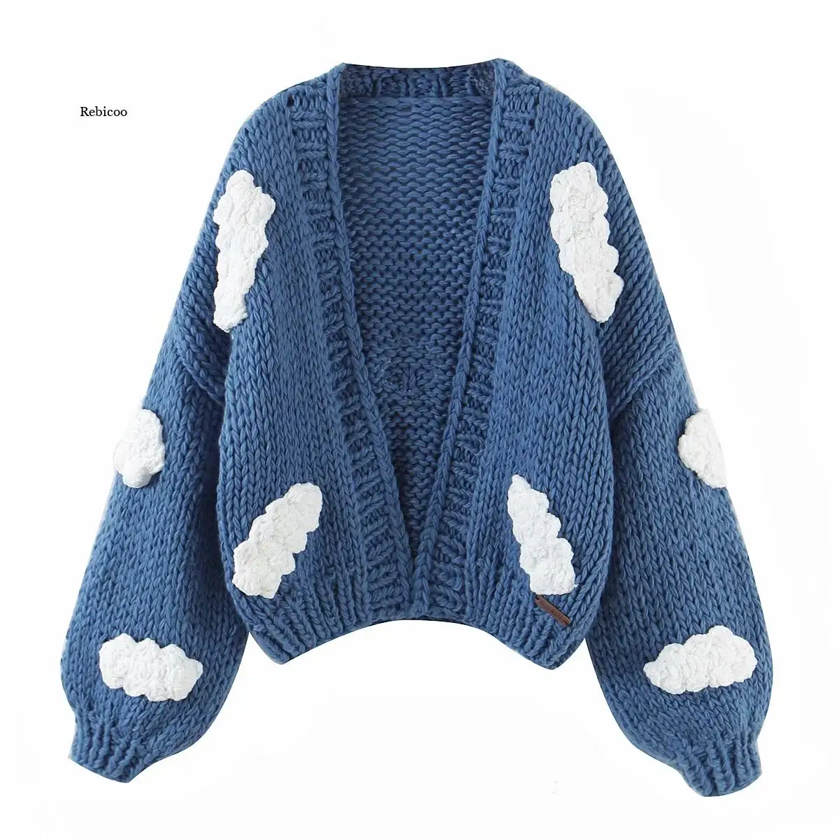 Women\'s Fashion Knitting Coat  Puff Long sleeve Cardigan Manual Puffs Color Flowers Sweater Female Outerwear Loose Tops