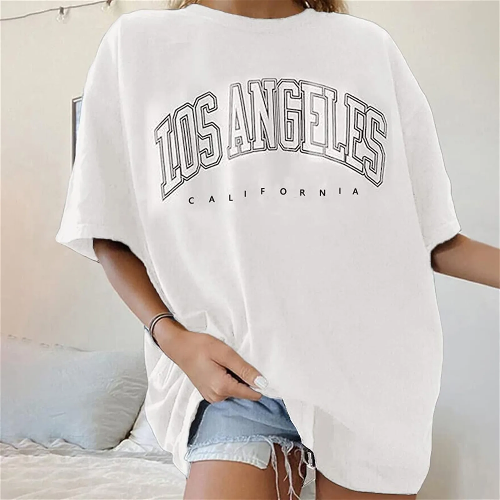 Fashion Women\'s T-shirts LOS ANGELES Letter Prints T Shirt Women 2021 O-Neck Oversized Loose Short Sleeve Summer Tops Streetwear