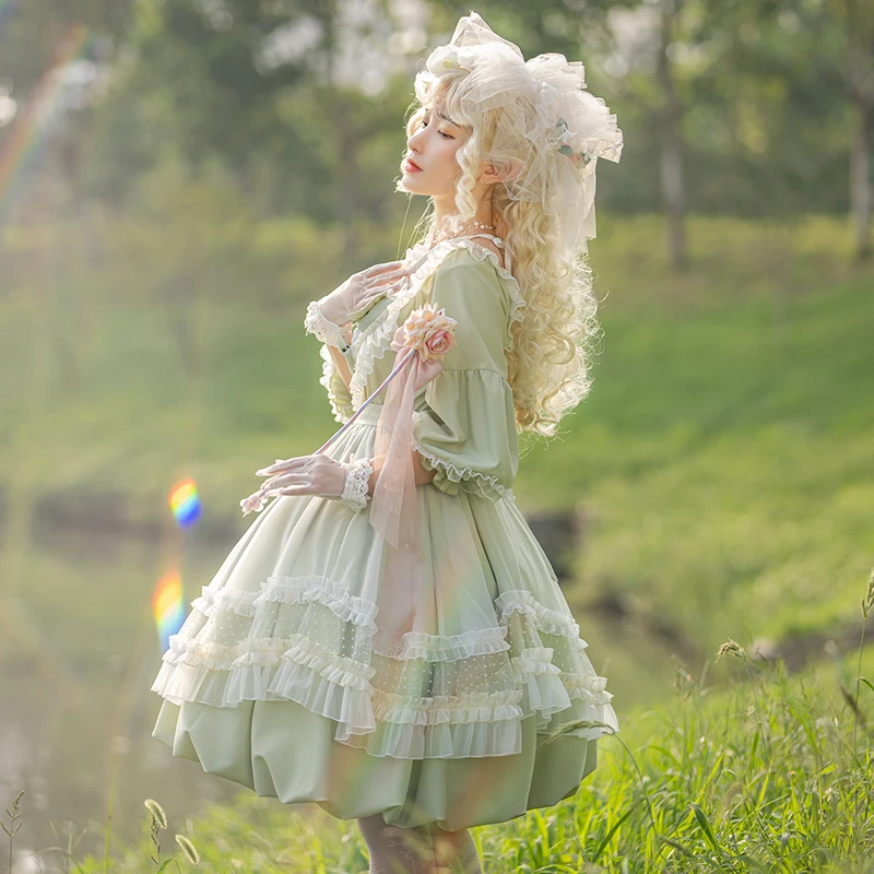 Preppy Style Lolita Dress Sweet Girl Autumn Pastoral Style Victorian Dress Kawaii Girl Cross Strap Lace High Waist Cosplay Cos