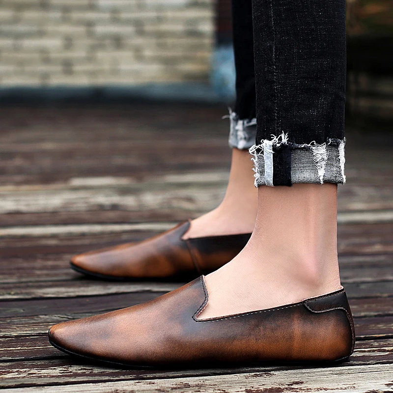 Men Leather Flats Shoes Comfortable Fashion Man Casual Shoes Slip on Male Outdoor Walking Shoes Split Leather Driving Shoes