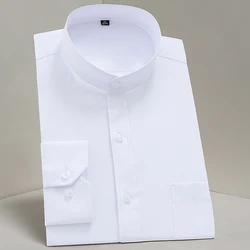 Male Mandarin Collar Shirt Man White Business/Party/Forma Non-ironing Chinese Style Solid Crew Neck Single Breasted Shirt L