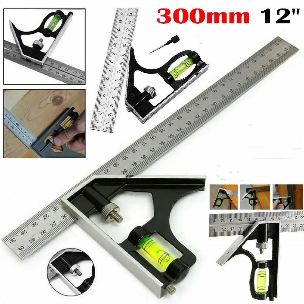 12inch Adjustable Combination Right Angle Ruler 45 / 90 Degree with Bubble Level Gauge Measuring Tools for Woodworking