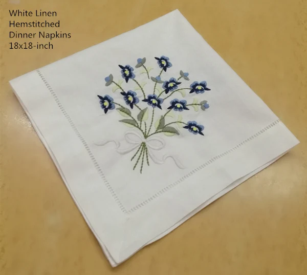 

Set of 12 Fashion Dinner Napkins white Hemstitched linen Table Napkin with Color Embroidered Floral Wedding Napkins 18x18-inch