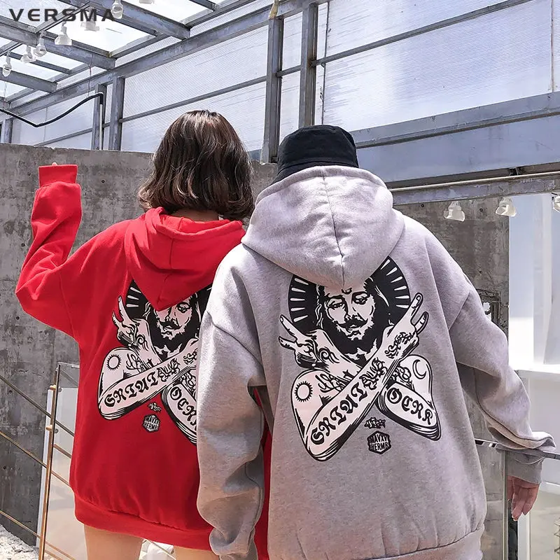 VERSMA Korean Harajuku Ulzzang Gothic Print Hoodies Sweatshirts Men Women Spring Hooded Hip Hop Oversized Pullover Couple Hoodie