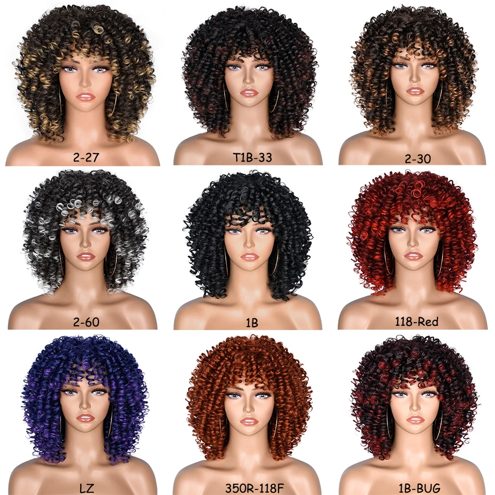 Pelucas Afro rizadas con flequillo para mujeres negras, cabello sintético Natural, marrón, mezclado, púrpura, Cosplay, Lolita