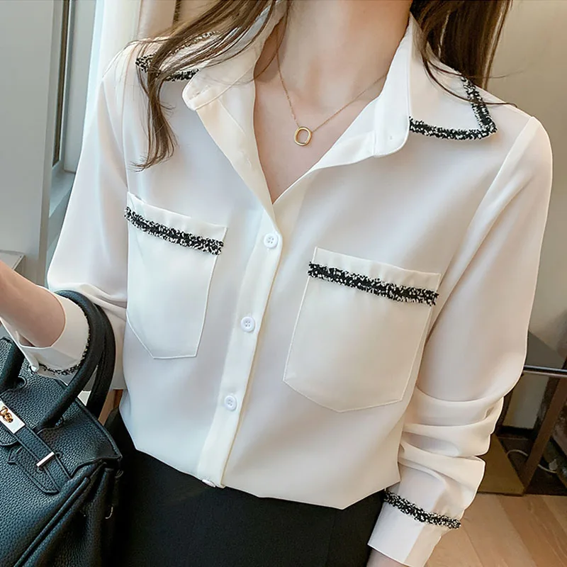 

Fashion Simple Top Blouse Pocket Stitching Tassel Shirt Female Clothing Ladies Tops V-Neck Chiffon Solid White Long Sleeve 1576