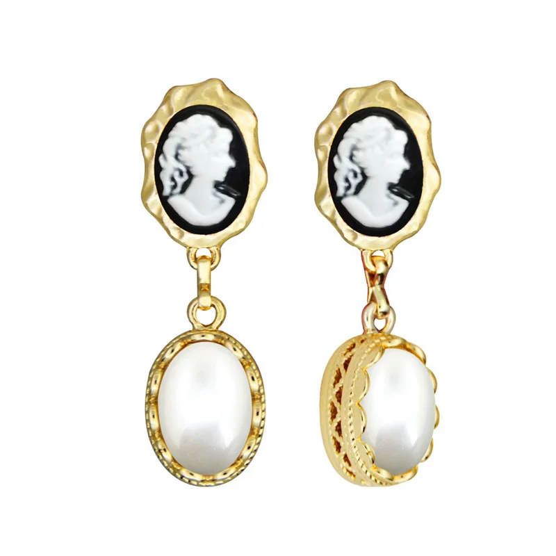 

Oval Flower White Lady Queen Cameo Stud Earring For Women Gold Color Dangle Fashion Stud Red Cameo Earring