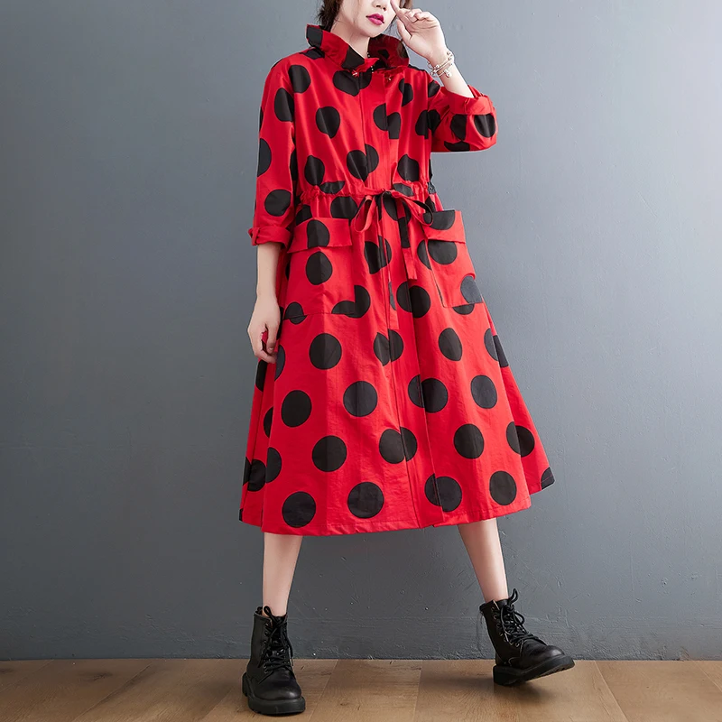 2026 Autumn Winter Oversized Polka Dot Long Trench Coat For Women Clothes Stand Collar Drawstring Fashion Casual Loose Outerwear