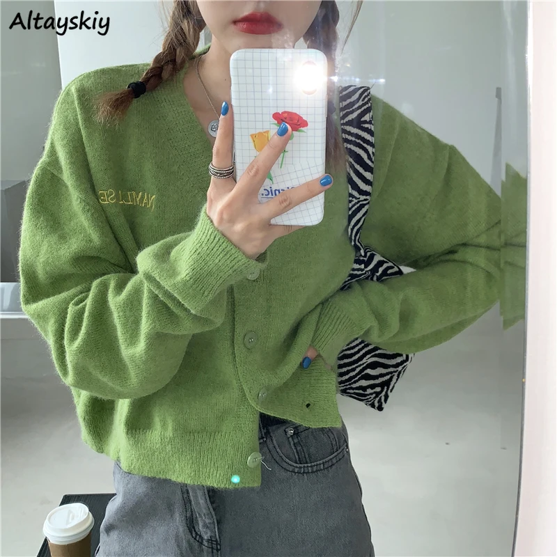 

Green Cardigans Women Single Breasted Knitted Crop Tops Vintage Thin Spring Sweaters Slender V-neck Sense of Minority Sueter Ins