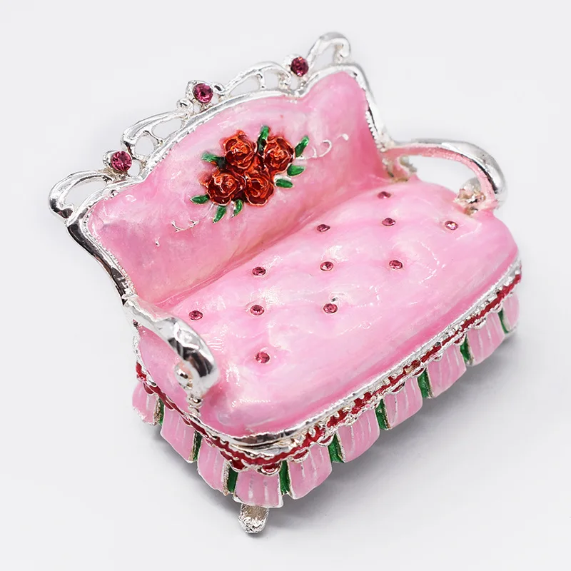 Handmade Enamel Mini Pink Sofa Colored Drawing Jewel Case Ring Storage Box Metal Handicraft Home Furnishing Articles