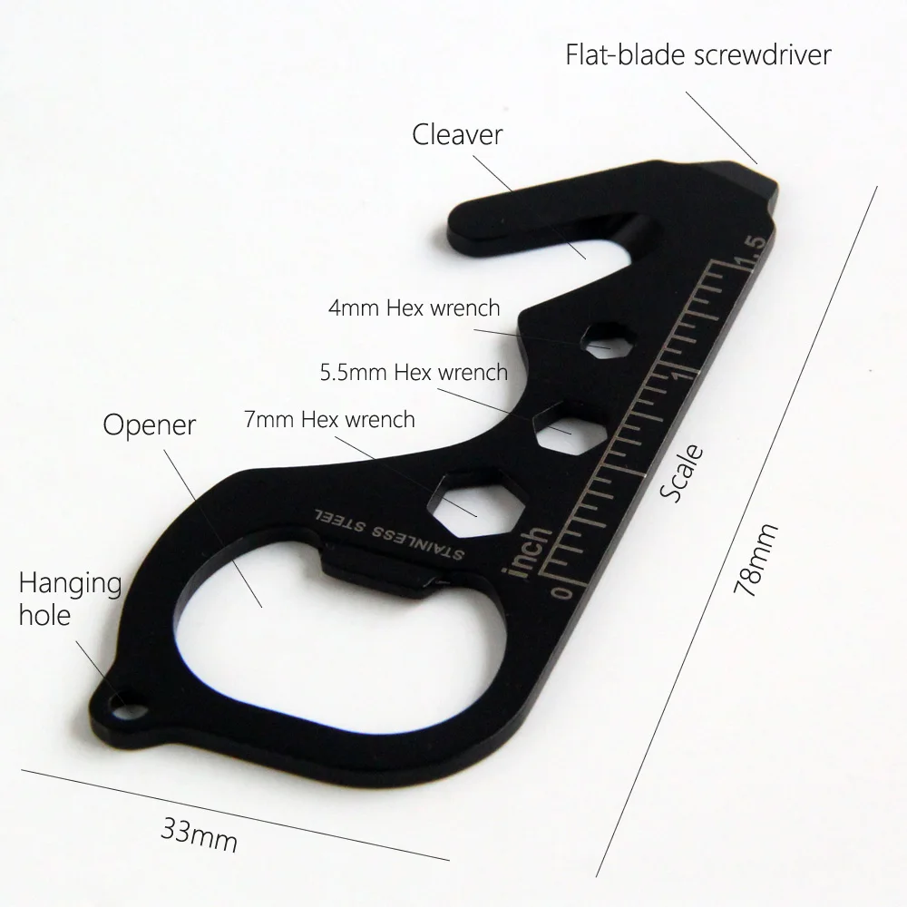 QingGear Black Pocket Tool EDC Seat Belt Cutter Bottle Opener Screw Driver Wrench Scale Rescue Hook Emergency Tool