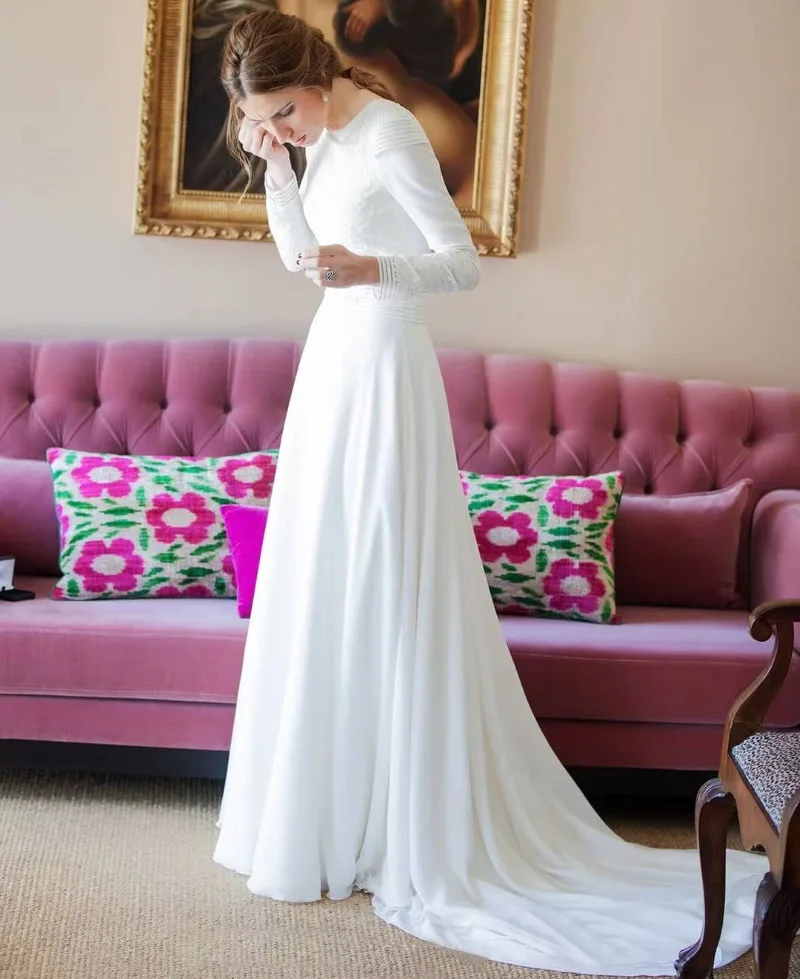 Elegant O-Neck แขนยาวซาติน Muslin ชุดแต่งงานลูกไม้ดูผ่าน A-Line ชุดเจ้าสาวชุด Vestidos De Novia