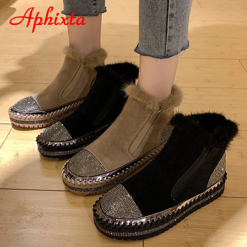 Aphixta Real Hair Warm Winter Crystals Shoes Woman Elastic Band Couple Chunky Sole Platform Big Size 44 Waterproof Ankle Boots