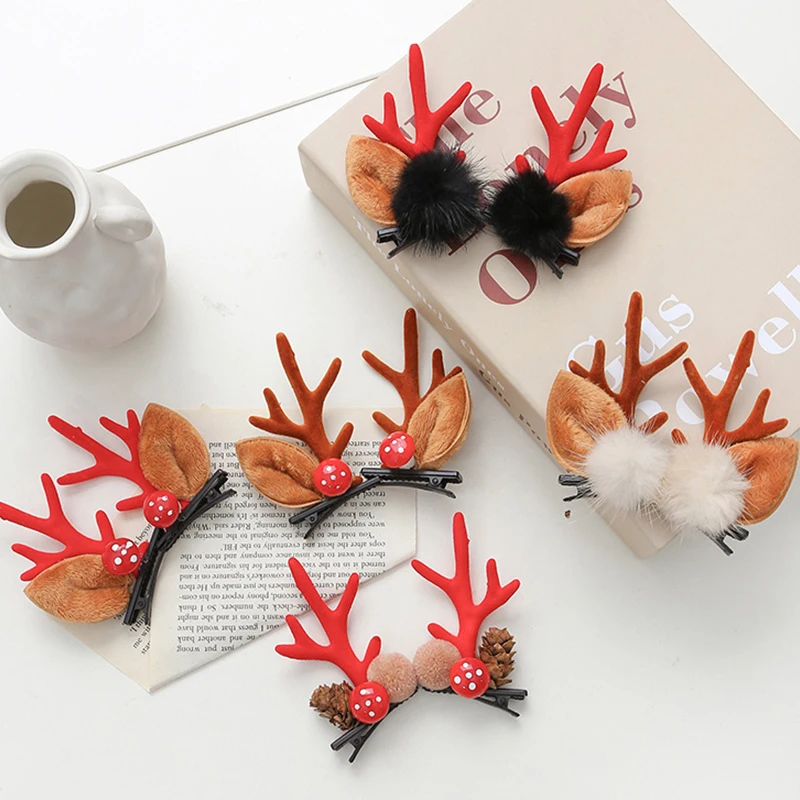 2Pcs Cute Deer Ear Hairpins Christmas Barrettes Beautiful Deer Antlers Hair Clips Girls Kids Favorite Headdress Hair Accessories