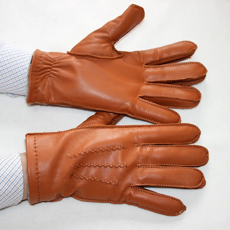 Guantes de piel de oveja de cuero para hombre, guantes de piel de cabra importada de alta gama, estilo de costura exterior, forro de lana, guantes