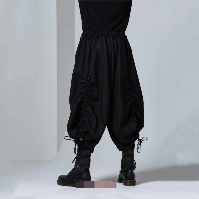 Men's Pant Skirt Casual Pants Wide Leg Pants Spring And Autumn New Black Elastic Waist Pants Leg Drawstring Design Bloomers