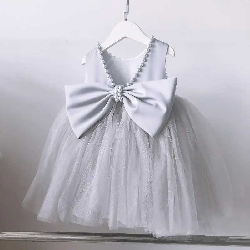 Gray Tulle Flower Girls Baptism Dress Summer Baby Girl Princess Wedding Gown Beads Infant 1 Year Birthday Christening Clothes