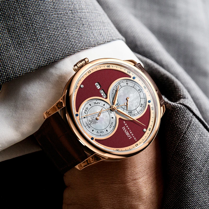 LOBINNI Calendario multifunzione Orologi da uomo Movimento a gabbiano Orologi meccanici automatici da uomo Orologio impermeabile in vetro zaffiro