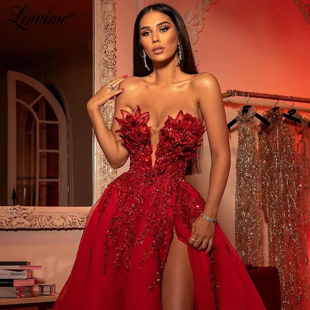 Arabic Long Prom Dresses Red Beaded A Line Evening Gowns 2021 High Split Side Sexy Celebrity Dress Custom Made Party Dress Robes