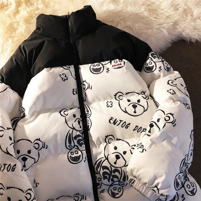 Fashion Cartoons Printed Cotton Windbreaker Jacket Zip Coats Jackets 2024 Winter Women Warm Thicken Outwear Loose Parka Coat