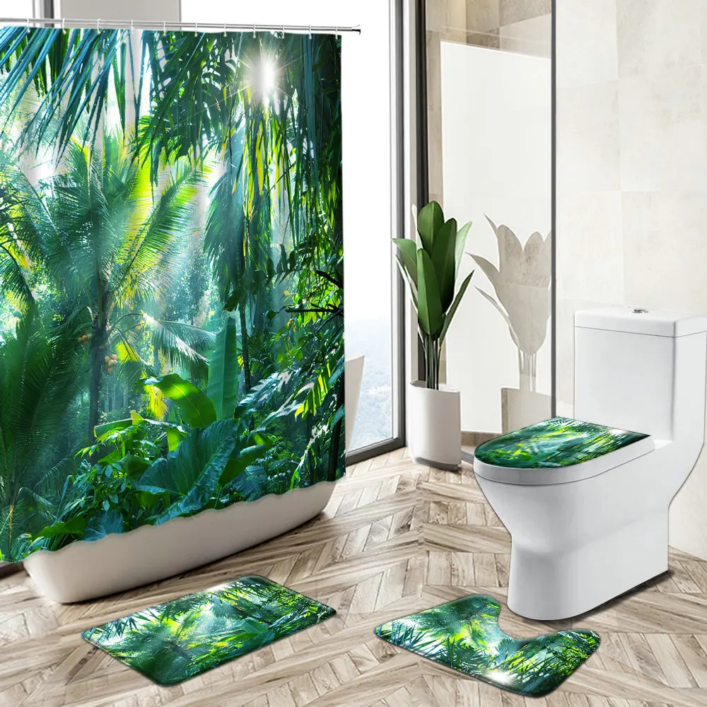 

Tropical Rain Forest Scenery Shower Curtain Palm Leaf Green Plants Nature Landscape Home Decor Rug Toilet Cover Bath Mat Set