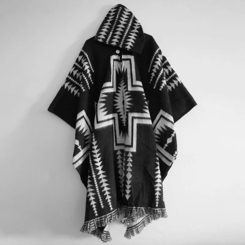 Spring Autumn Men Poncho Shawl Jackets Retro National Pattern Printed Knitting Women Hooded Coats Ladies Sleeveless Cape Outwear