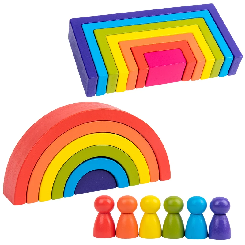 Children Rainbow Building Blocks Educational Natural Wooden Toys Kindergarten Supplies Baby Wood Jigsaw Puzzles Montessori Gift