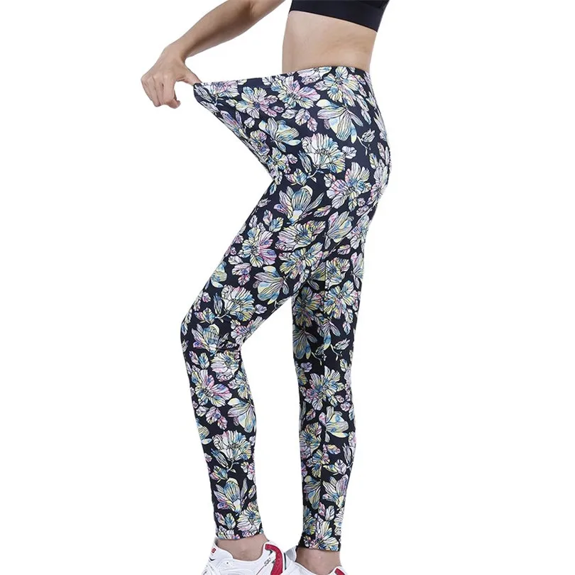 LJCUIYAO High Waist Leggings Push Up Sport Women Fitness Running Gym Yellow Pink Flower Ankle-Length Pants Polyester Trousers