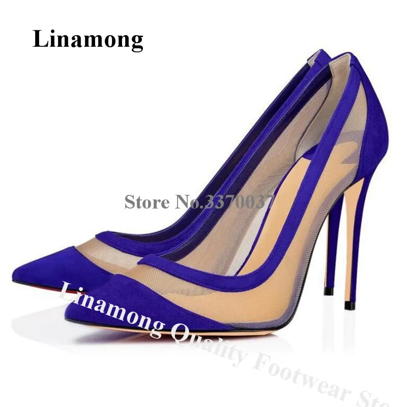 

Linamong Women Elegant Blue Suede Patchwork Mesh Stiletto Heel Pumps Slip-on Pointed Toe Lace High Heels Formal Dress Shoes