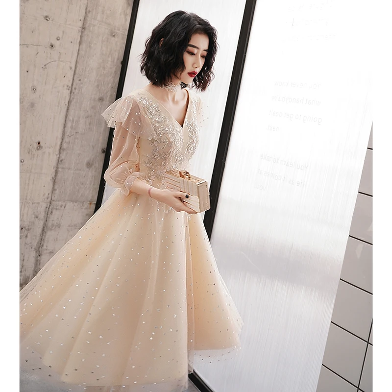 New Beading illusion Evening Dress Short A-Line V-Neck Sequins Evening Gown Delicate Applique Fashion Prom Gown