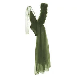 Olive Green Bodysuit For Women Tiered One Shoulder Tulle Women Jumpsuit Long Overlay Bodysuit With Underneath Fashion