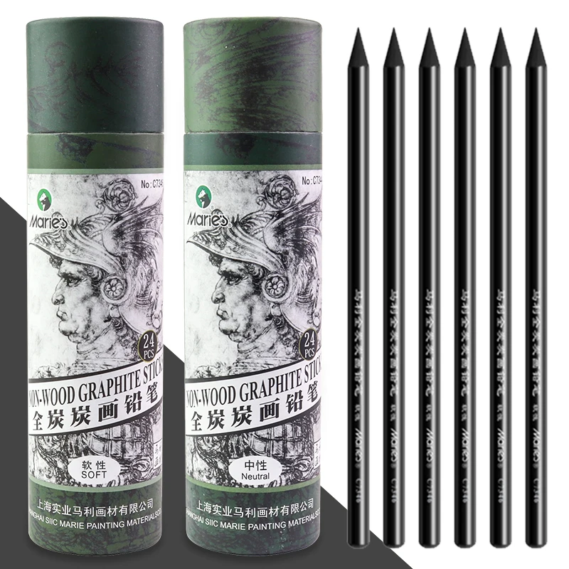 Marie\'s Full Charcoal/Carbon Pencils Non-wood Graphite Sticks Sketch Charcoal Pencil 24pcs Soft/Medium Charcoal Pens Stationery