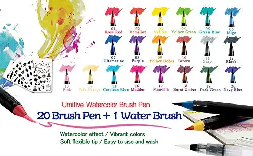 Umitive 20 Colours Watercolour Brush Pen Set with 1 Refillable Blending Water Brush Pen Soft Flexible Tip for Adult Coloring