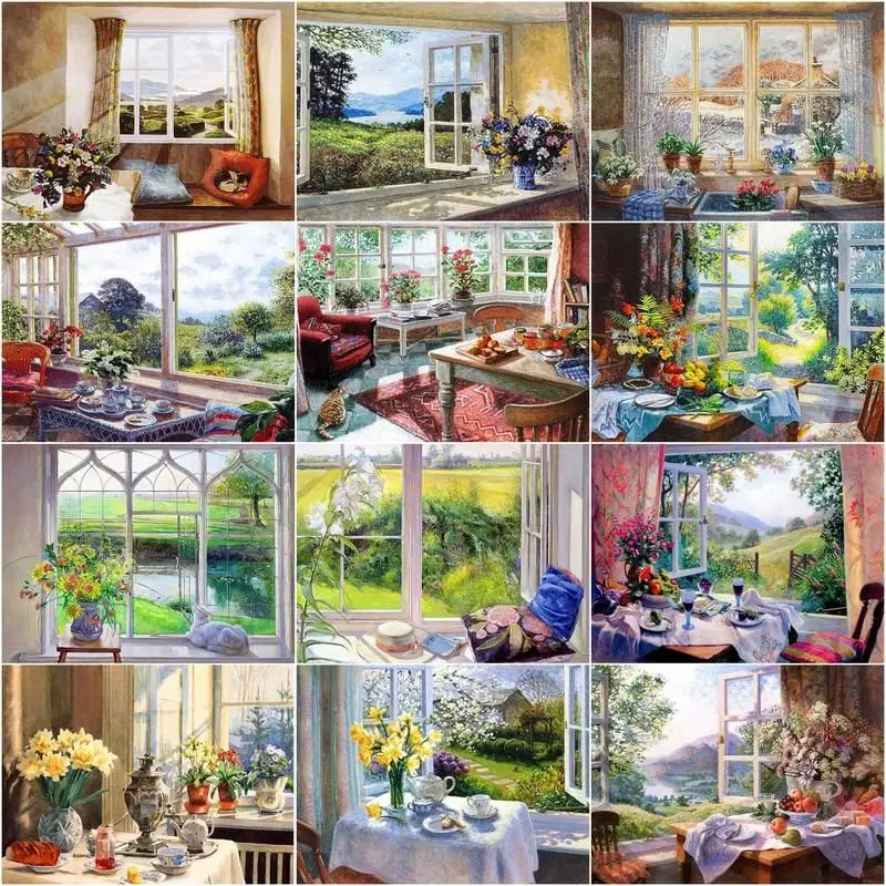 GATYZTORY Paint By Numbers Window Scenery Handpainted Kits Drawing Canvas DIY Oil Pictures By Numbers Flowers Home Decor Gift