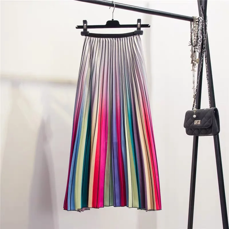 Marwin 2019 Spring New-Coming Women Skirts Rainbow Striped A-line Mid-Calf Skirts High Street European Style High Quality Skirts