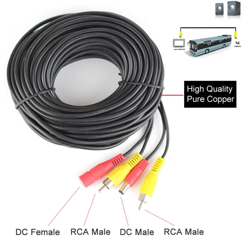 5 10 15 20 Meters DC Power RCA AV Video 12V 24V Extension Cable for Car Truck Bus Parking Home CCTV Camera