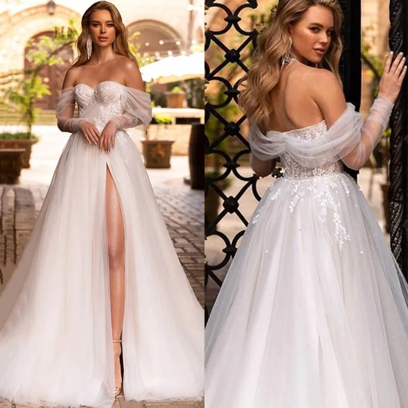 Vestido De novia De corte en A con cuello Barco, traje Sexy De manga larga con abertura De encaje, Espalda descubierta, tul, 2023