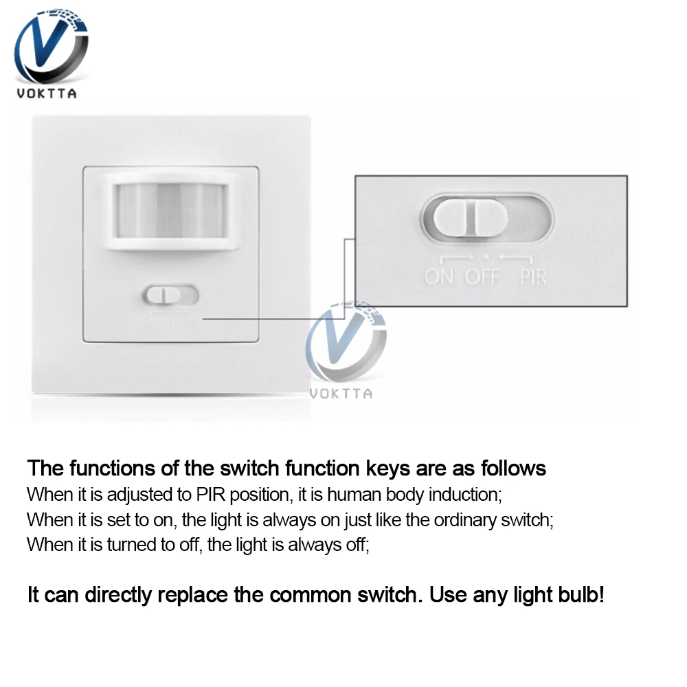 LED PIR Motion Sensor Switch Recessed IR Infrared Auto Control ON/Off Wall Switch Adjustable Time Delay Switch for Home