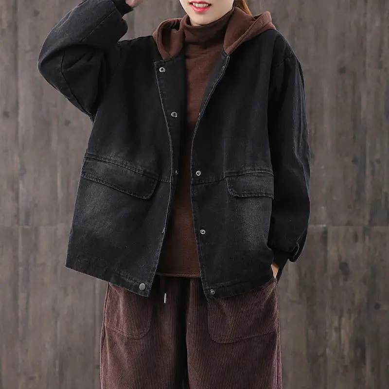

Hooded Denim Jacket Women 2021 Winter New Style Plus Velvet Thick Short Coat Long Sleeve Warm Loose Jaqueta Jeans Feminina M1491