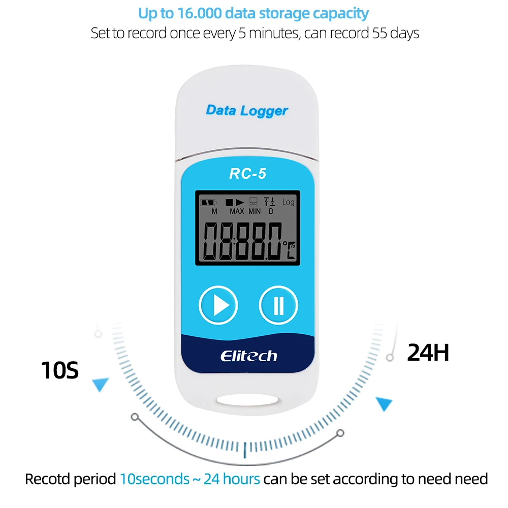 RC-5 USB Temperature Data Logger 16000 Point Large Storage Capacity TEMP Recorder Automatically Upload Data with External Sensor