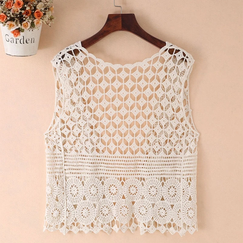 Women Hollow Out Crochet Crop Top Vest Open Front Floral Lace Sleeveless Jacket