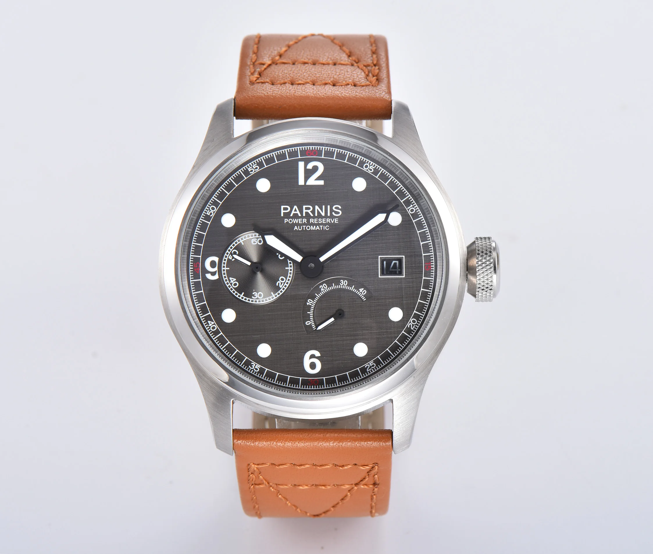 PARNIS Power Reserve Indicator Date 46.5mm Mechanical Watch Big Crown Grey Dial Leather Band ST2530