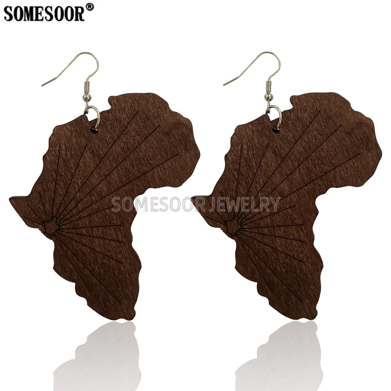 SOMESOOR Laser Cutting African Map Creative Radial Carving High Quality Wooden Drop Earrings For Afro Women