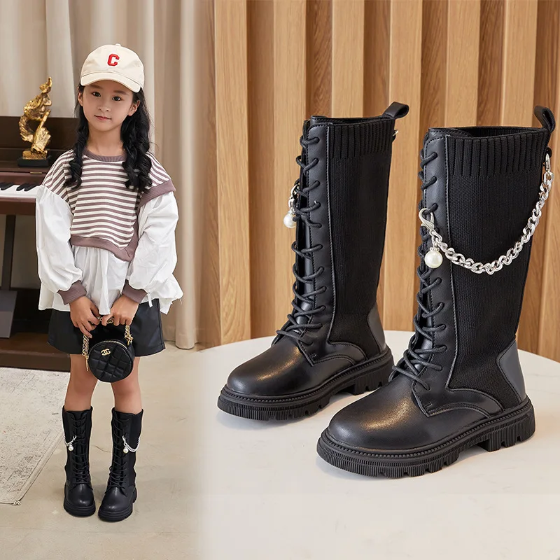 

Girls Long Boots with Metal Chains Princess Chic Stretch Fabric Sock Style Children Motorcycle High Boots Fashion Kids 26-36 New