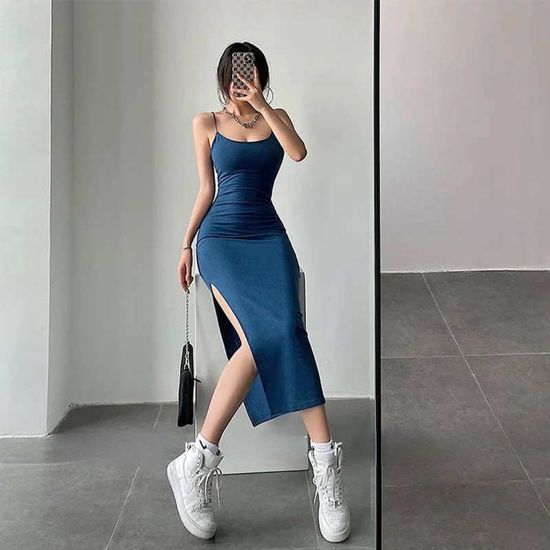 Sleeveless Dress Women Pure Color Bodycon Streetwear Simple European Style Hot Girls Side-slit Sexy Design Ladies Trendy Vestido