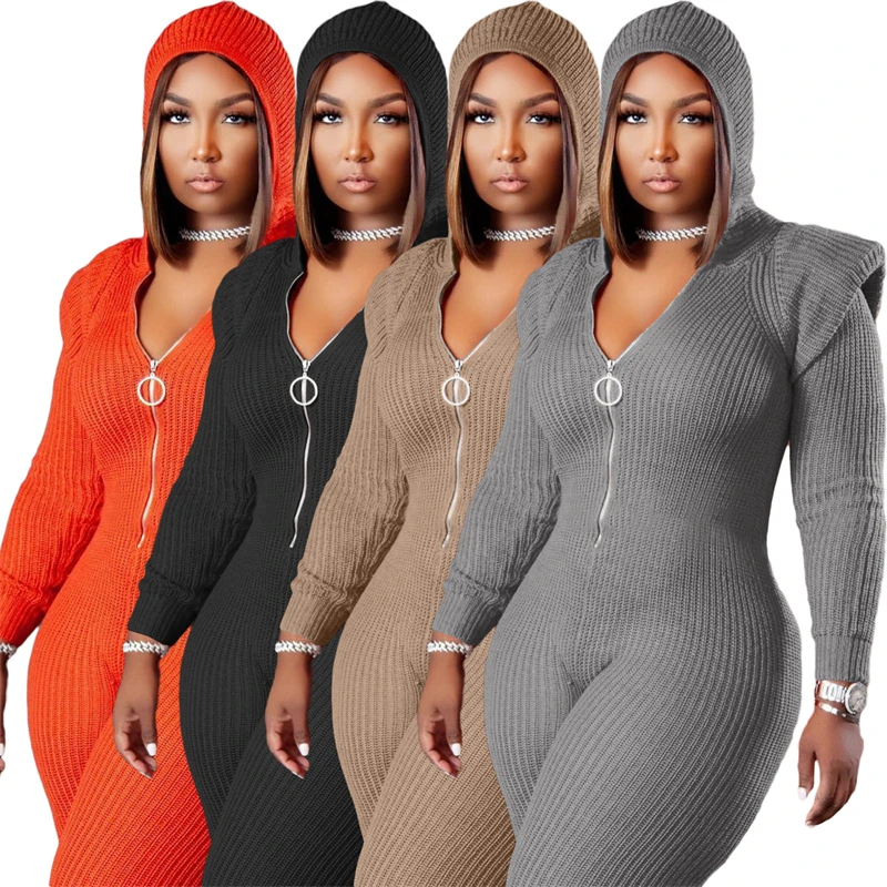 Mulheres plus size malha macacões bodycon, macacão magro, roupas sexy de uma peça com capuz, roupas por atacado, Dropshipping